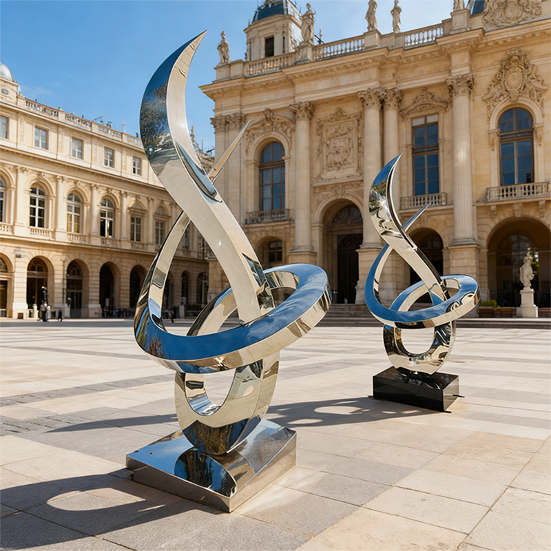 নীল এবং রূপালী প্রবাহিত ধাতব ভাস্কর্য